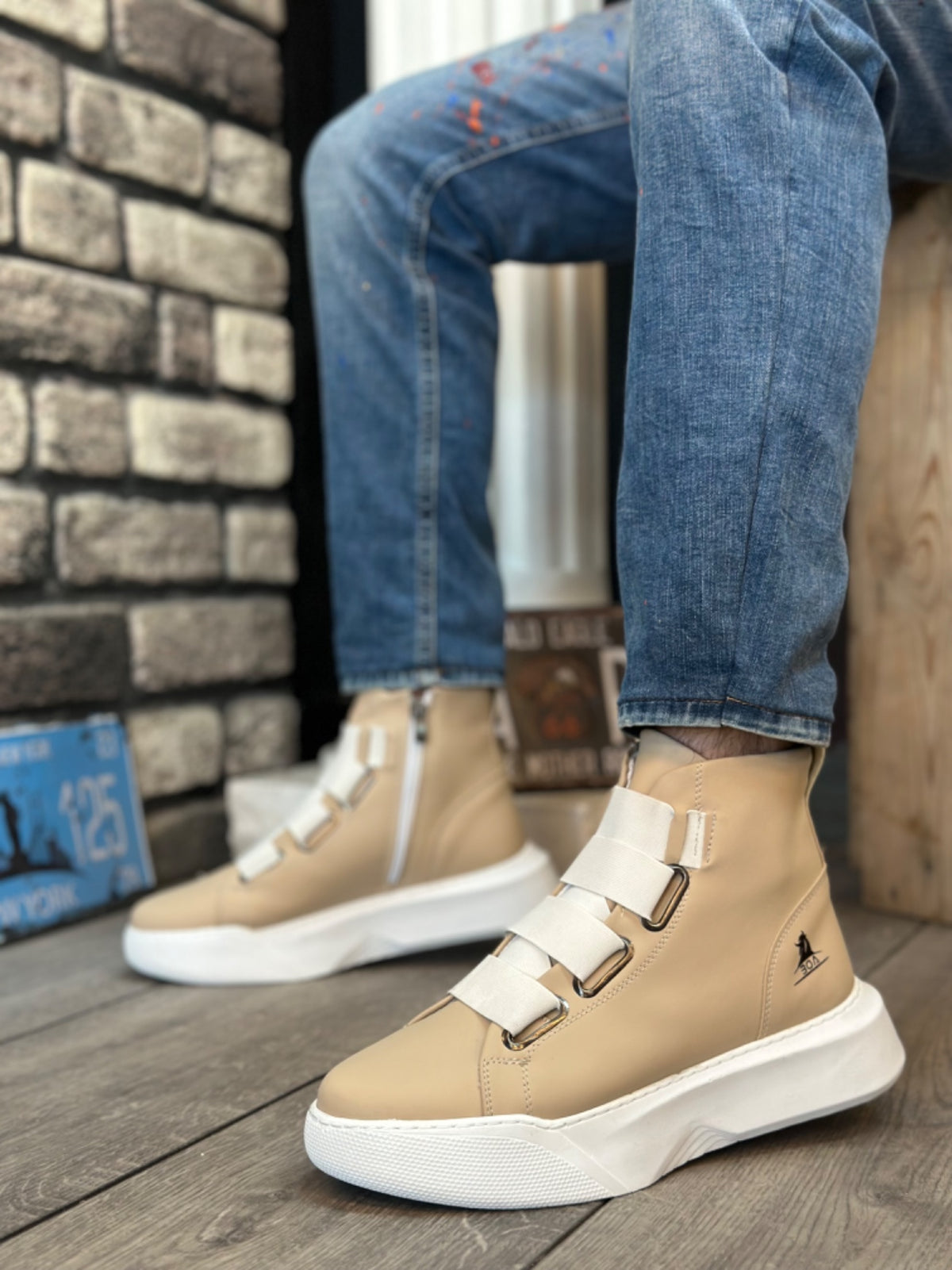 BA0142 Banded Men's High Sole Cream White Sports Boots - STREETMODE ™