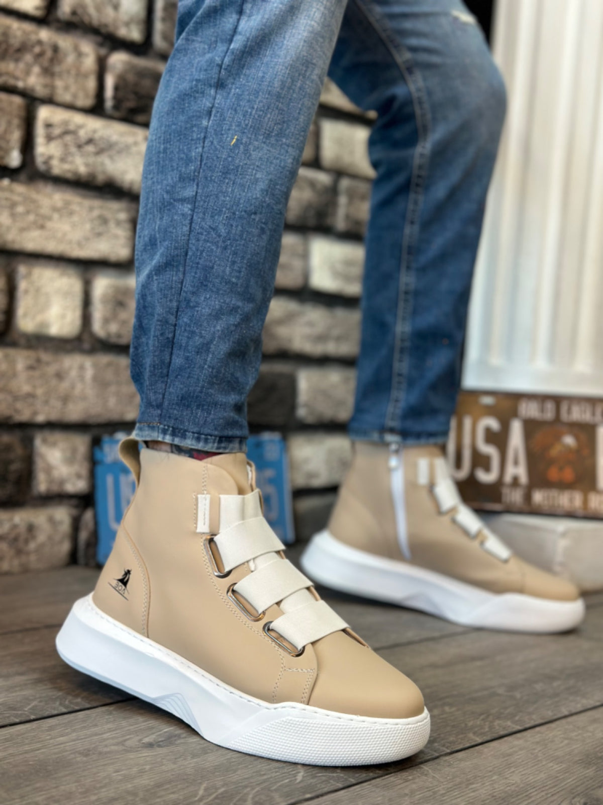 BA0142 Banded Men's High Sole Cream White Sports Boots - STREETMODE ™