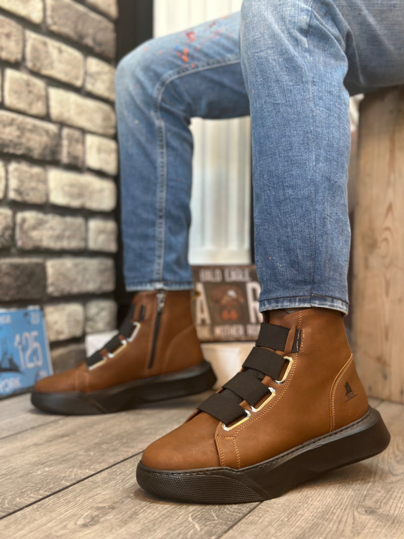 BA0142 Men's High-Sole Brown Sport Boots With Band - STREETMODE ™