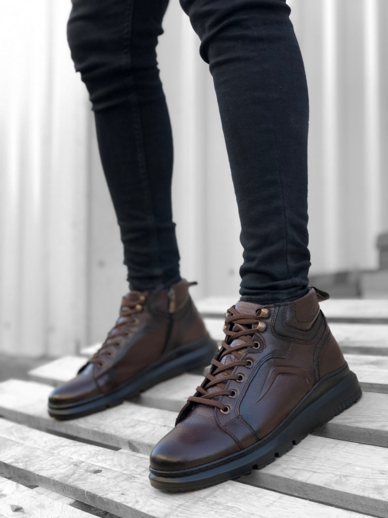 BA0144 Men's Sports Half Ankle Boots, Inner Outer Genuine Leather Zippered Brown - STREETMODE ™