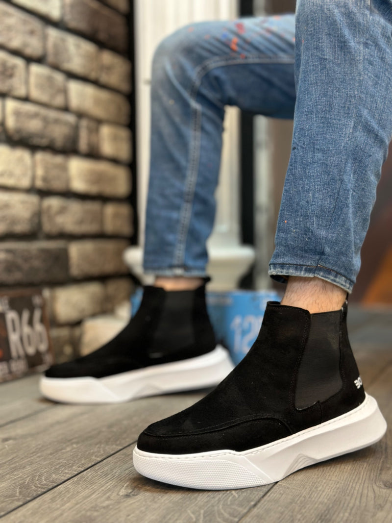 BA0150 Laceless Strapped Men's High Sole New Suede Black White Sole Sports Boots - STREETMODE ™