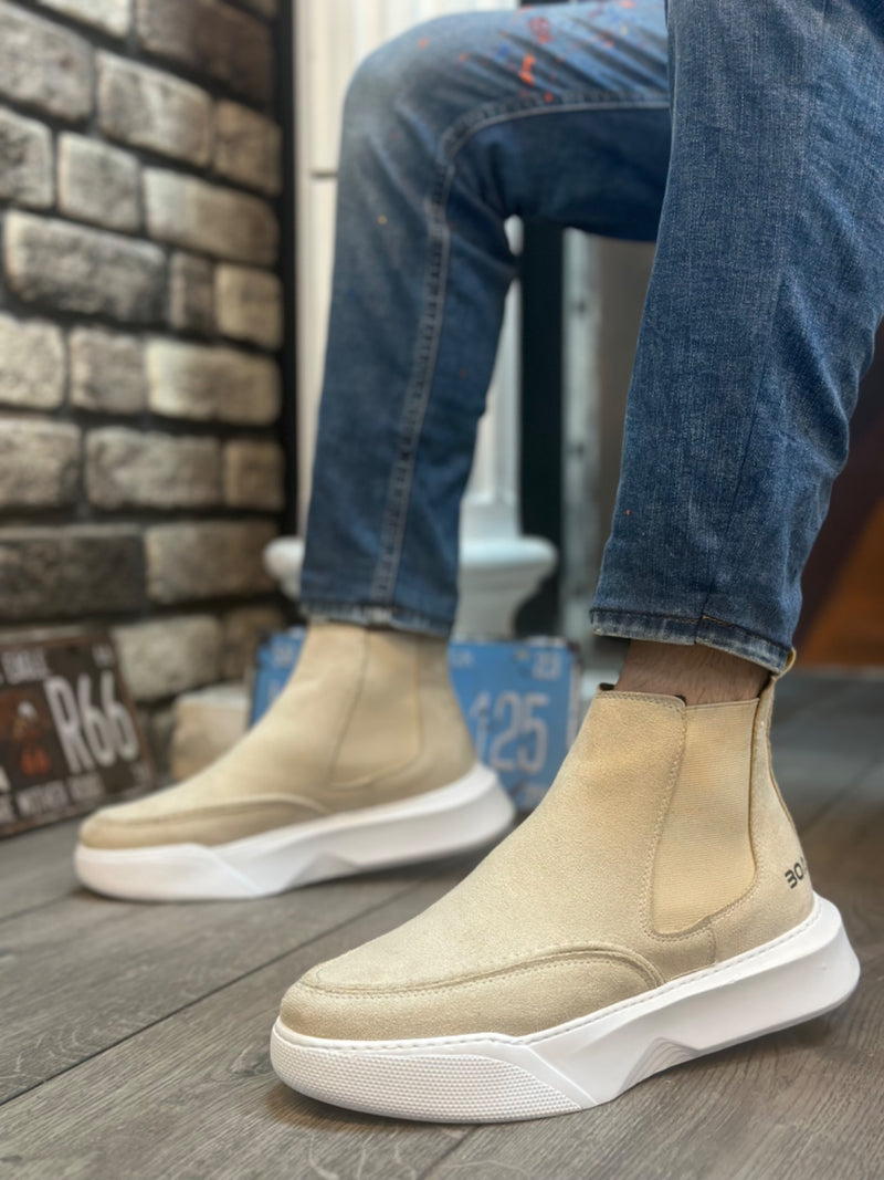 BA0150 Laceless Men's Cream Suede High Sole Sports Boots - STREETMODE ™