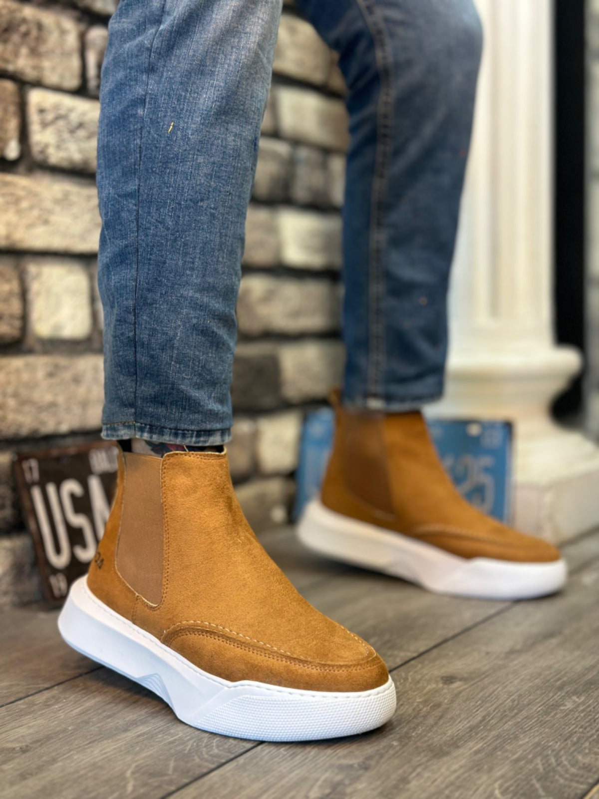 BA0150 Laceless Men's Tan Suede White High Sole Sports Boots - STREETMODE ™