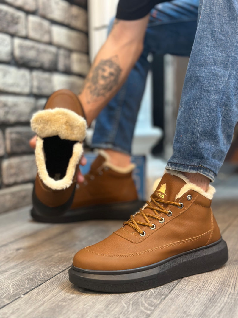 BA0151 Light Brown Men's Style Sports Boots with Fur Inside and Laces - STREETMODE ™
