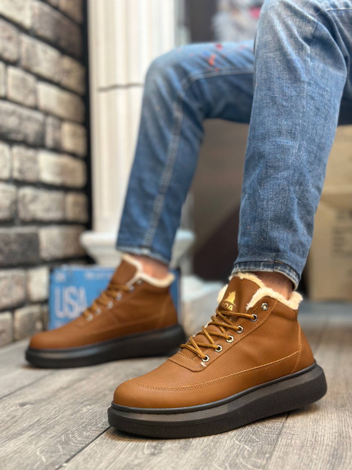 BA0151 Light Brown Men's Style Sports Boots with Fur Inside and Laces - STREETMODE ™