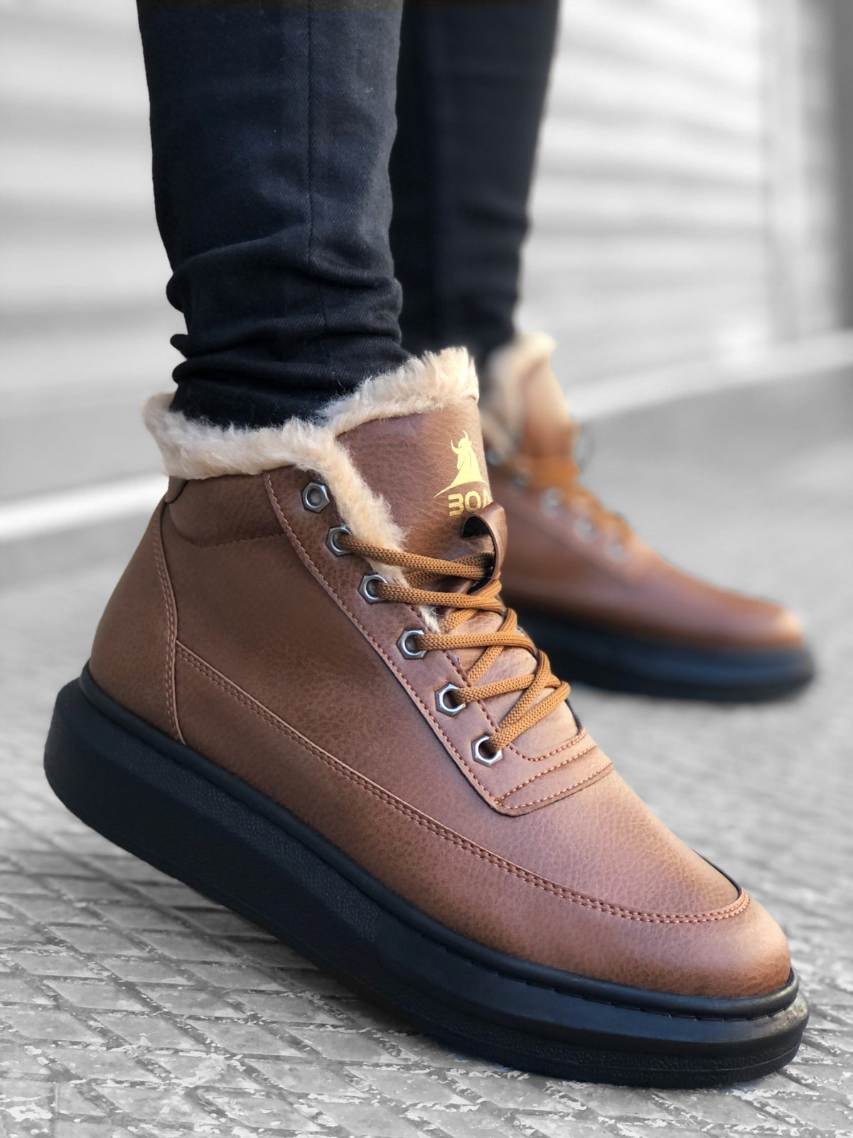 BA0151 Shearling Lace-up Tan Men's Style Sport Boots - STREETMODE ™