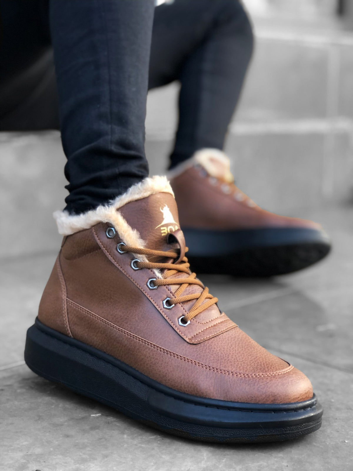 BA0151 Shearling Lace-up Tan Men's Style Sport Boots - STREETMODE ™