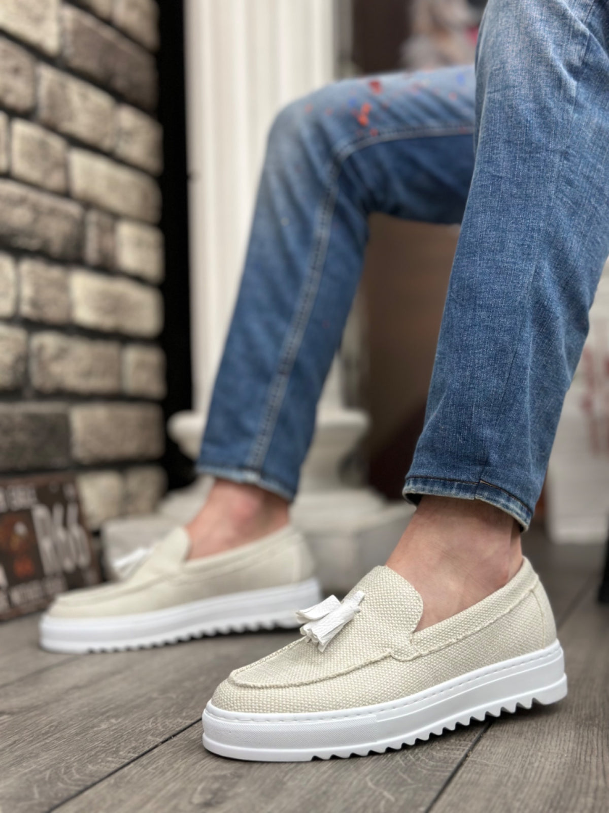 BA0154 Laceless High Sole White Linen Tassel Men's Shoes - STREETMODE ™