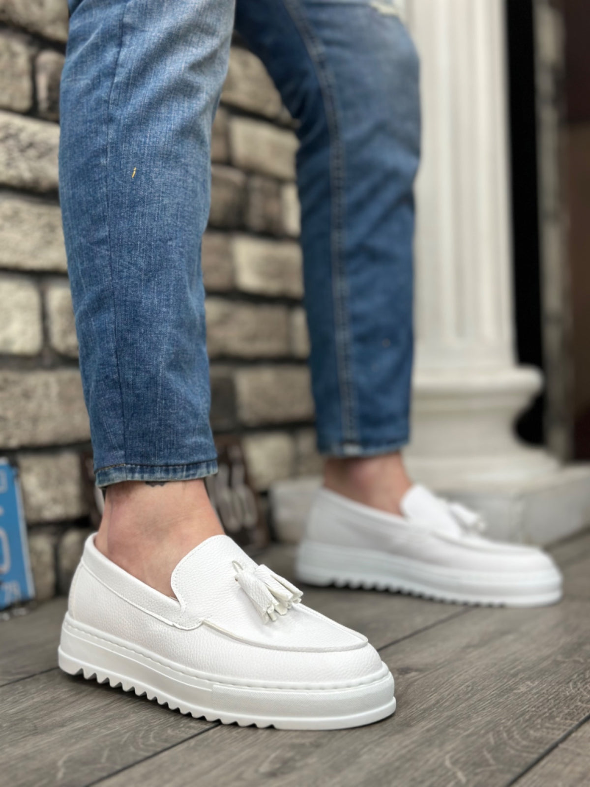 BA0154 Laceless High Sole Skin White Color Tassel Men's Shoes - STREETMODE ™