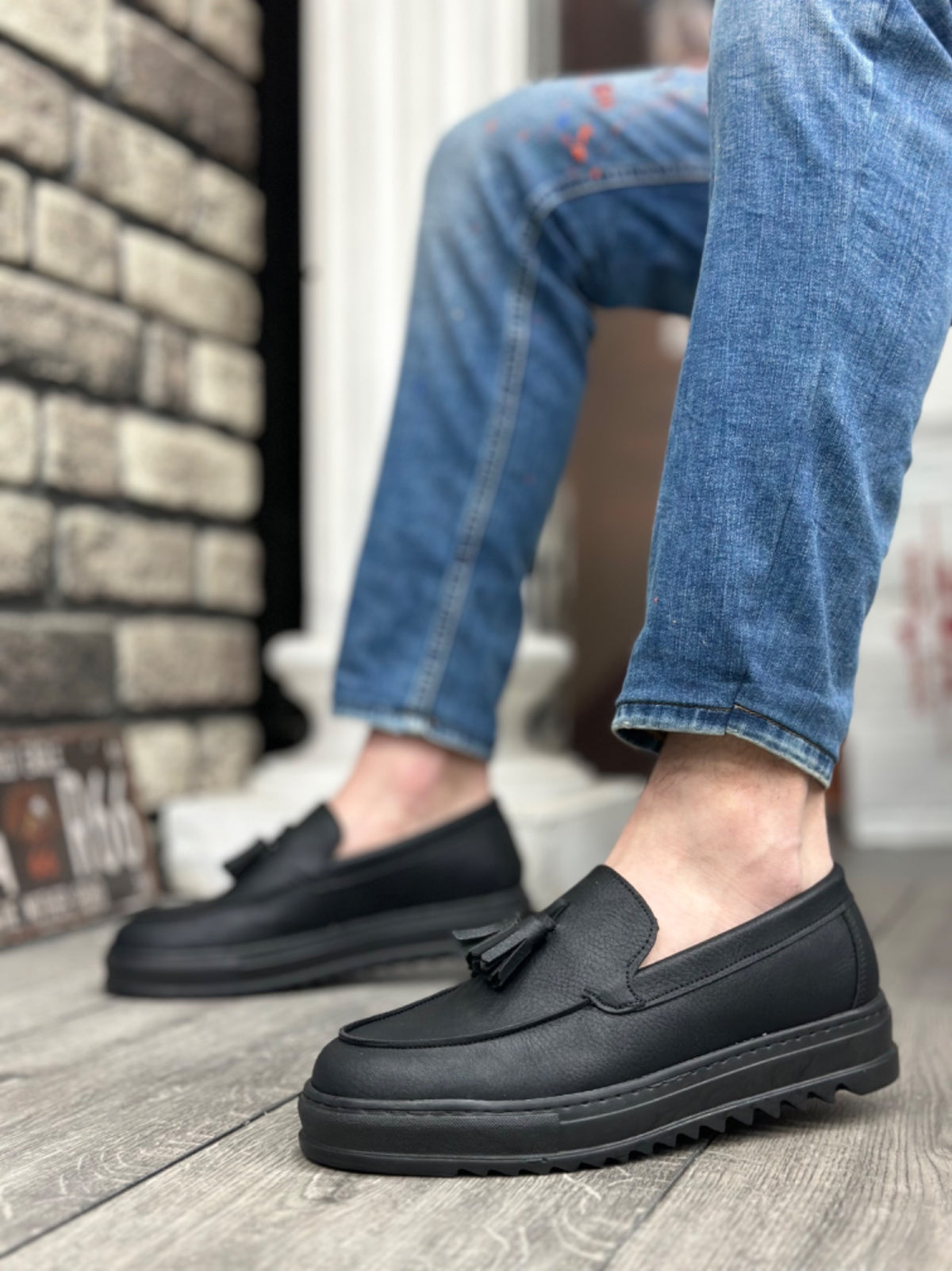 BA0154 Laceless High Sole Skin Black Color Tassel Men's Shoes - STREETMODE ™