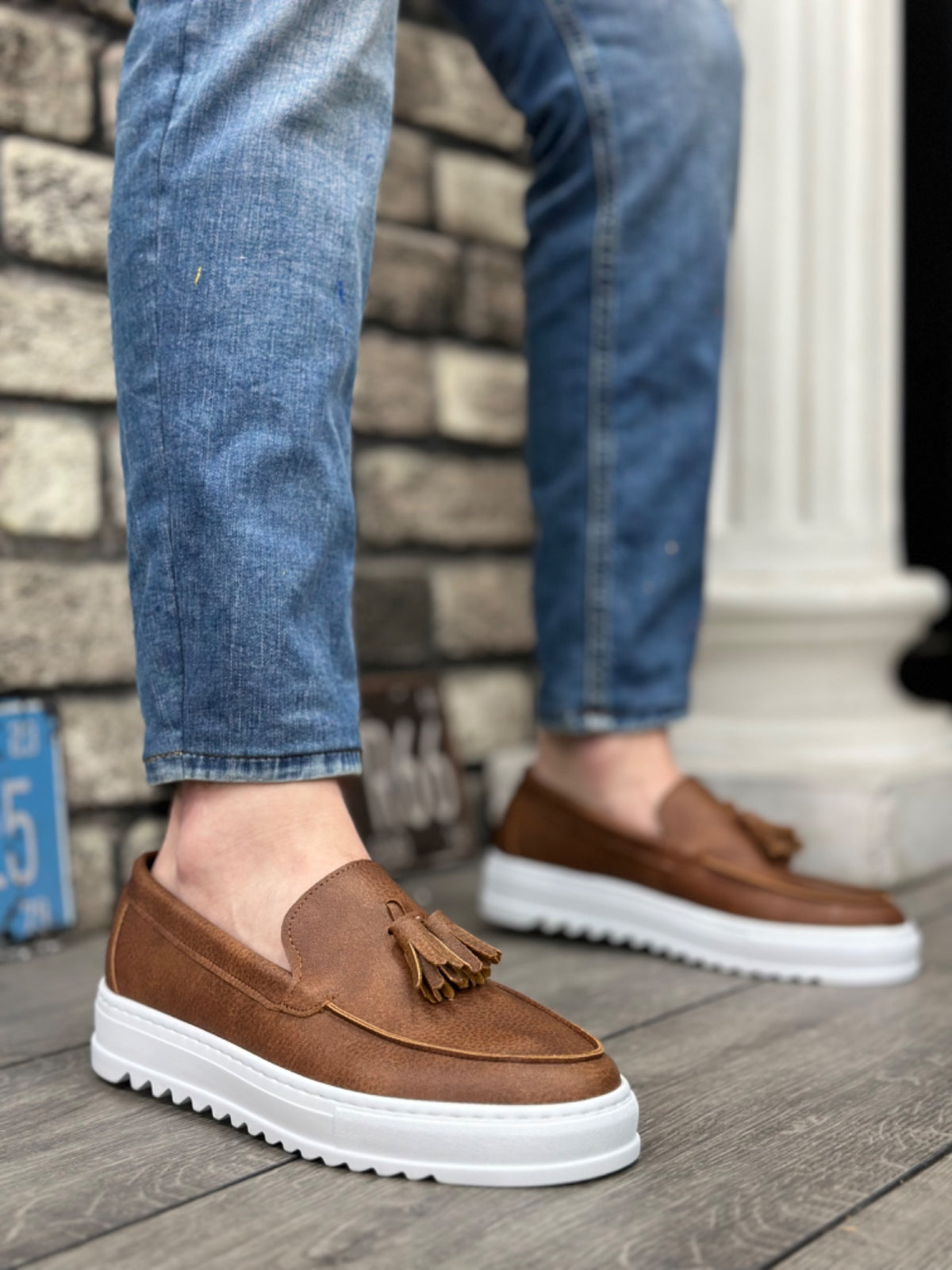 BA0154 Laceless High Sole Skin Tan Tassel Men's Shoes - STREETMODE ™