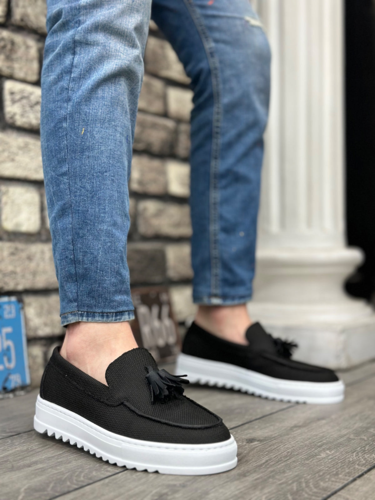 BA0154 Laceless High Sole Linen Black Color Tassel Men's Shoes - STREETMODE ™