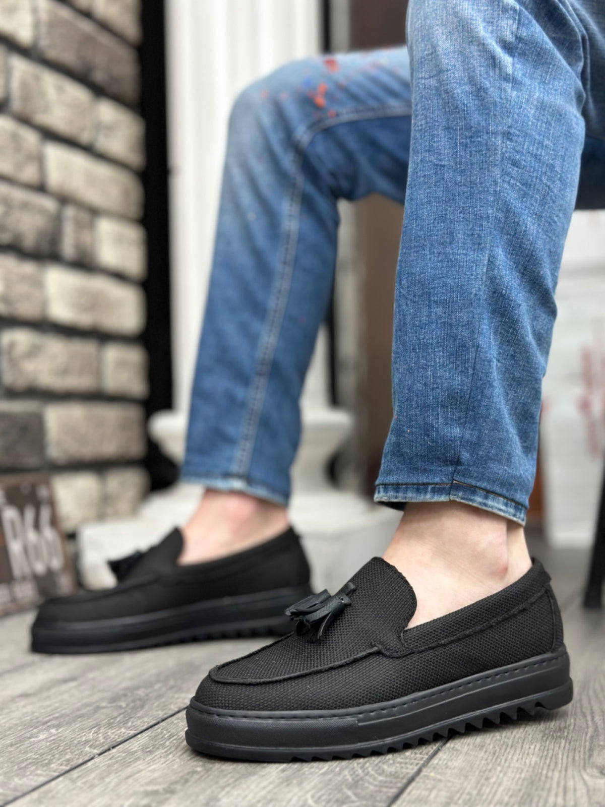 BA0154 Laceless High Sole Black Linen Black Sole Tassel Men's Shoes - STREETMODE ™