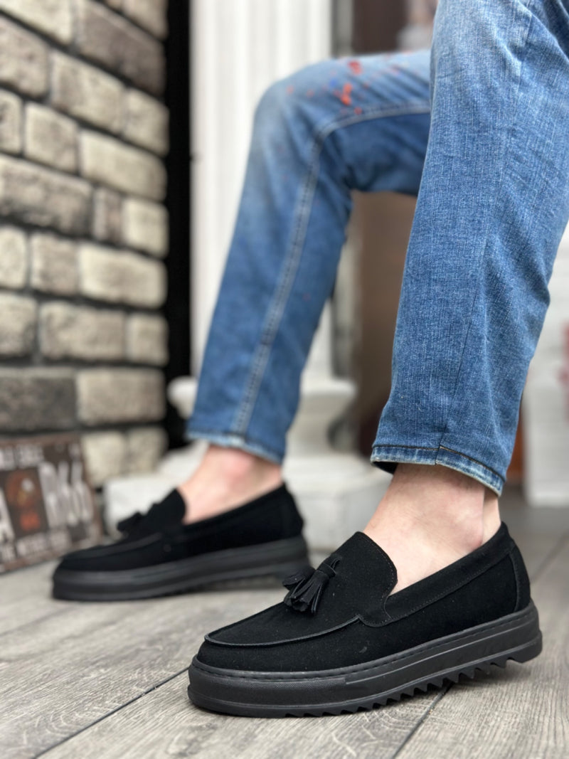 BA0154 Laceless High Sole Suede Black Color Black Sole Tassel Men's Shoes - STREETMODE ™