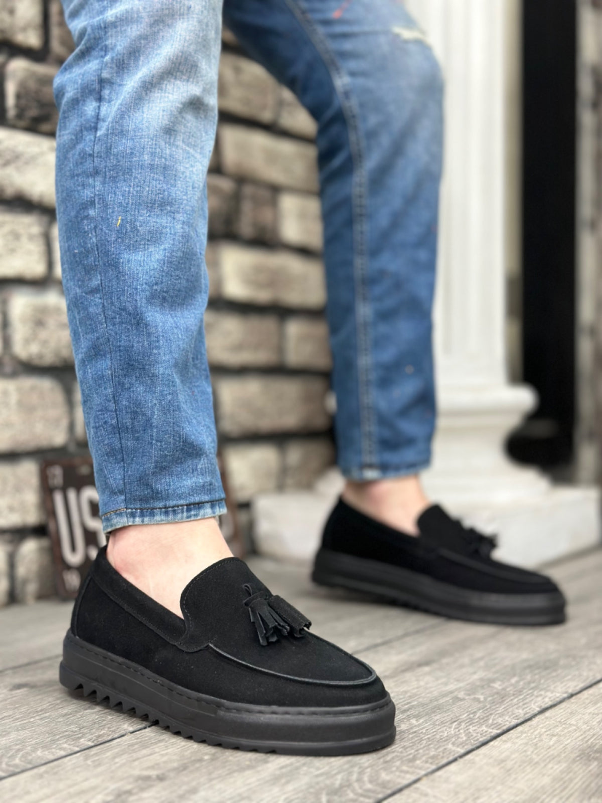 BA0154 Laceless High Sole Suede Black Color Black Sole Tassel Men's Shoes - STREETMODE ™