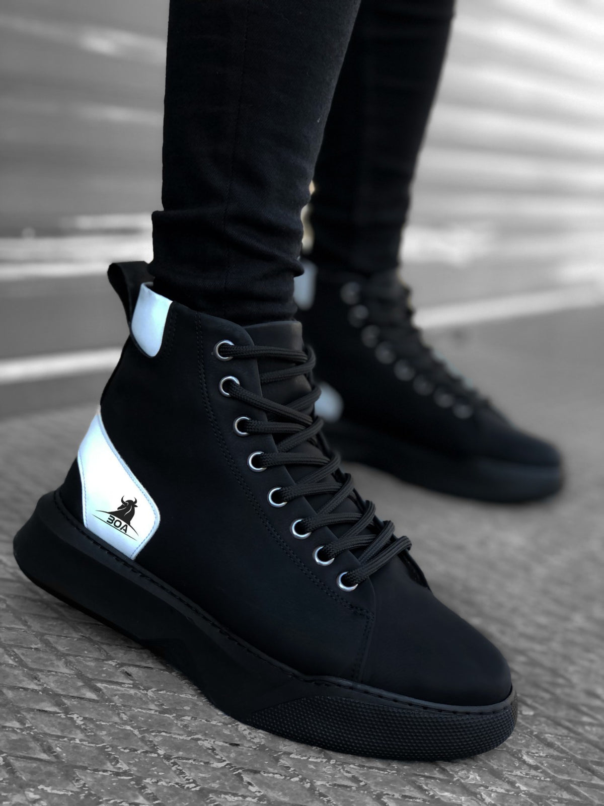 BA0155 Lace-Up Men's High Sole Black White Sport Boots - STREETMODE ™