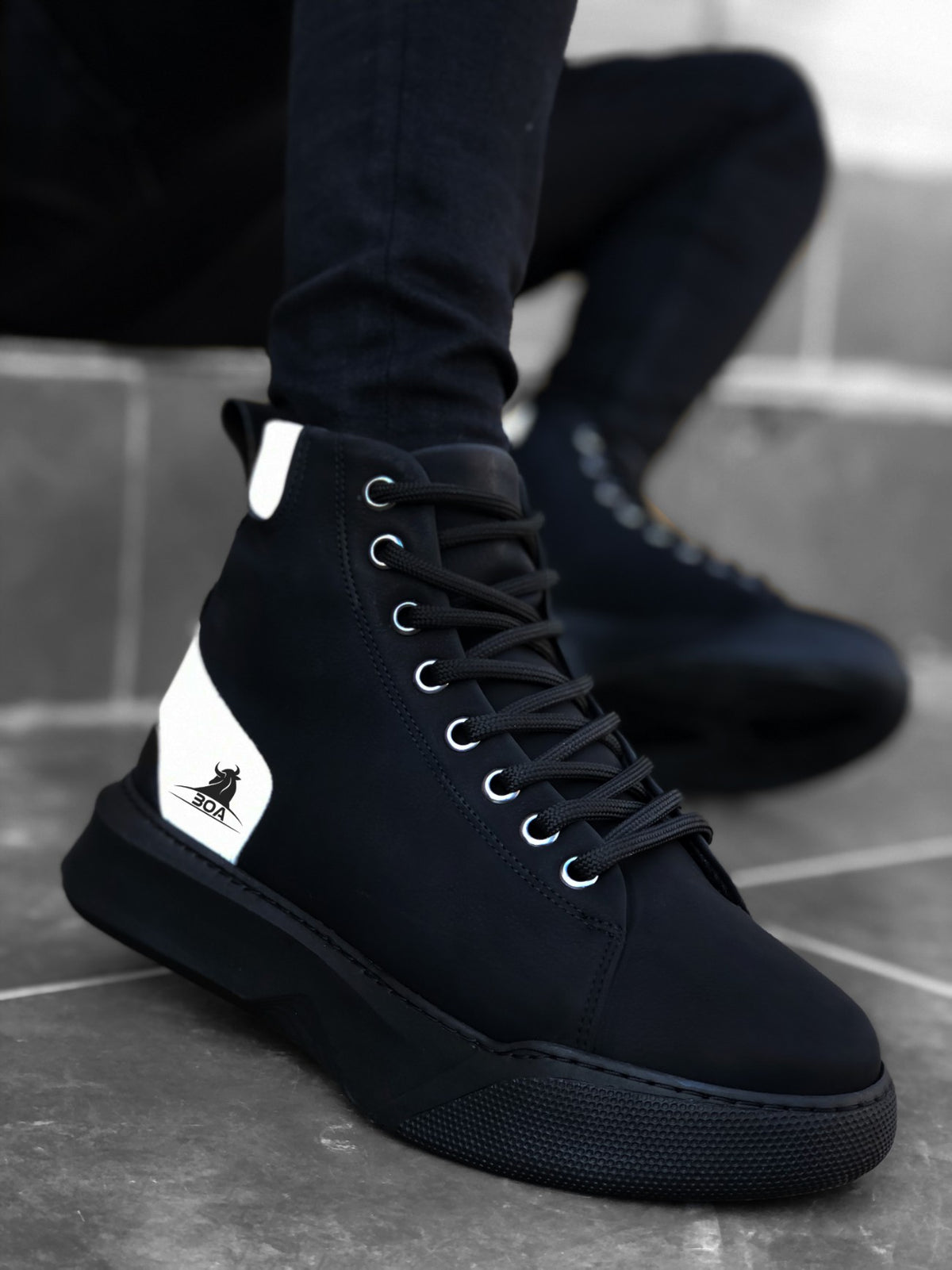 BA0155 Lace-Up Men's High Sole Black White Sport Boots - STREETMODE ™