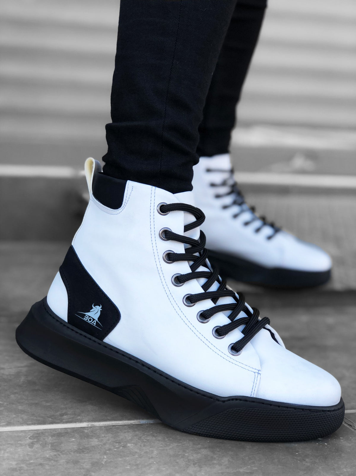 BA0155 Lace-Up Men's High Sole White Black Sole Sport Boots - STREETMODE ™
