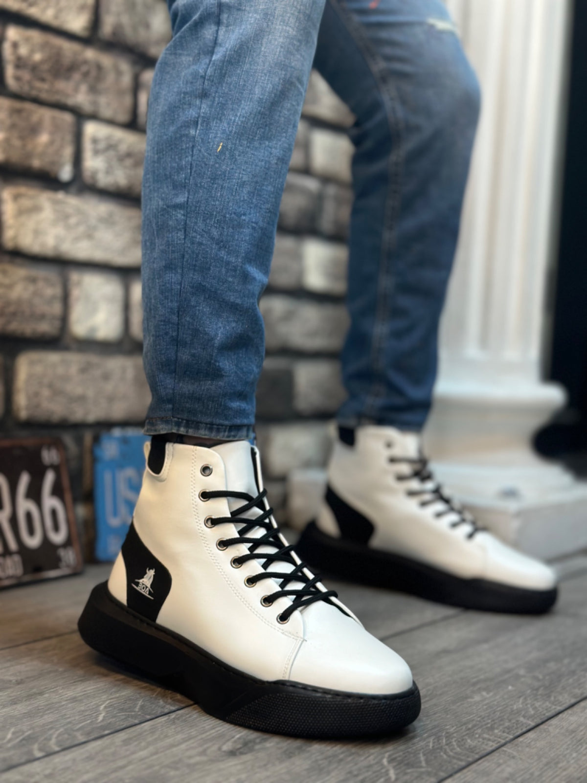 BA0155 Lace-Up Men's High Sole White Black Sole Sport Boots - STREETMODE ™