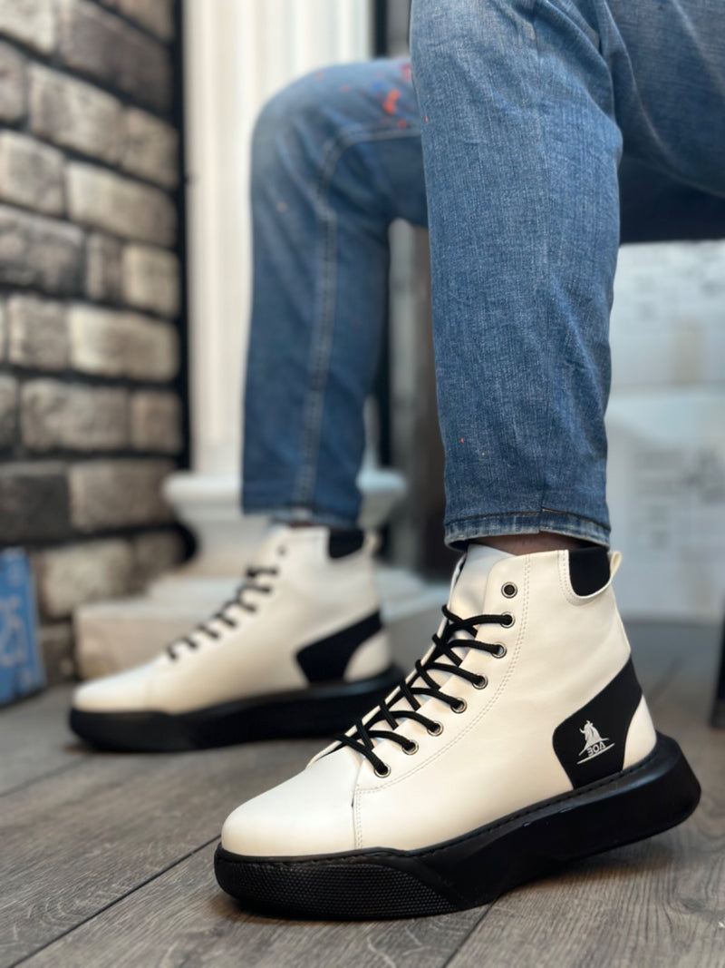 BA0155 Lace-Up Men's High Sole White Black Sole Sport Boots - STREETMODE ™