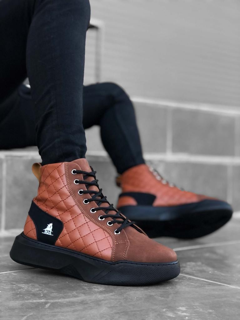 BA0159 Lace-up Dark Tan Quilted Men's High-Sole Sports Boots - STREET MODE ™