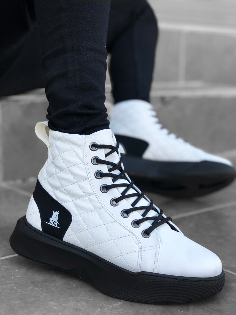 BA0159 Lace-up White Quilted Black Sole Men's High-Sole Sports Boots - STREETMODE ™