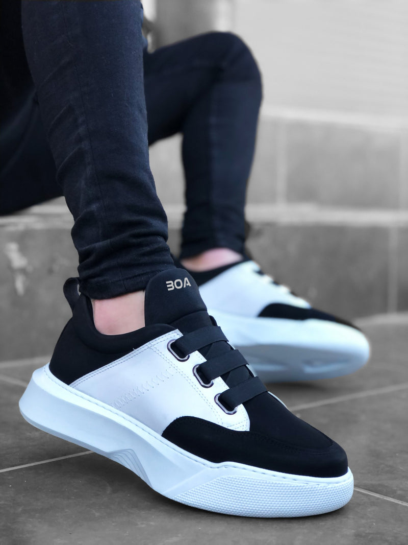BA0160 Men's High-Sole Black White Sneakers with Band - STREETMODE ™