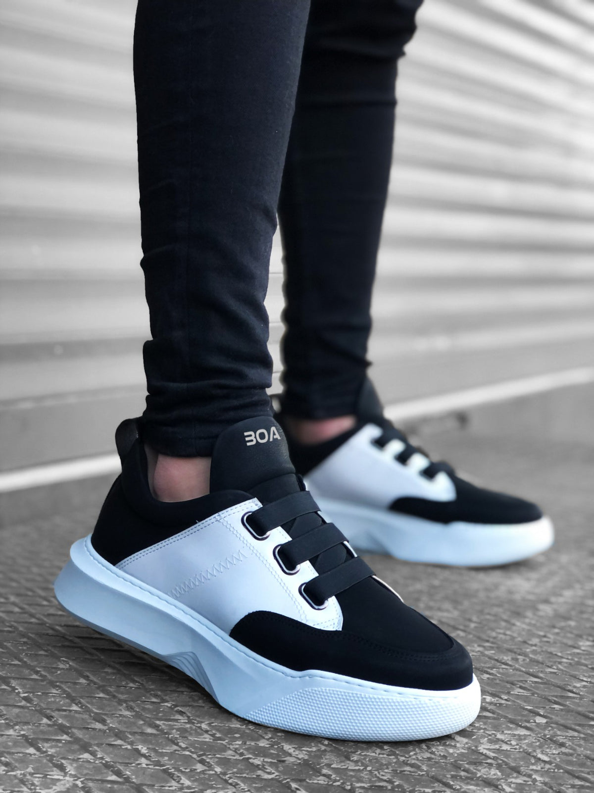 BA0160 Men's High-Sole Black White Sneakers with Band - STREETMODE ™