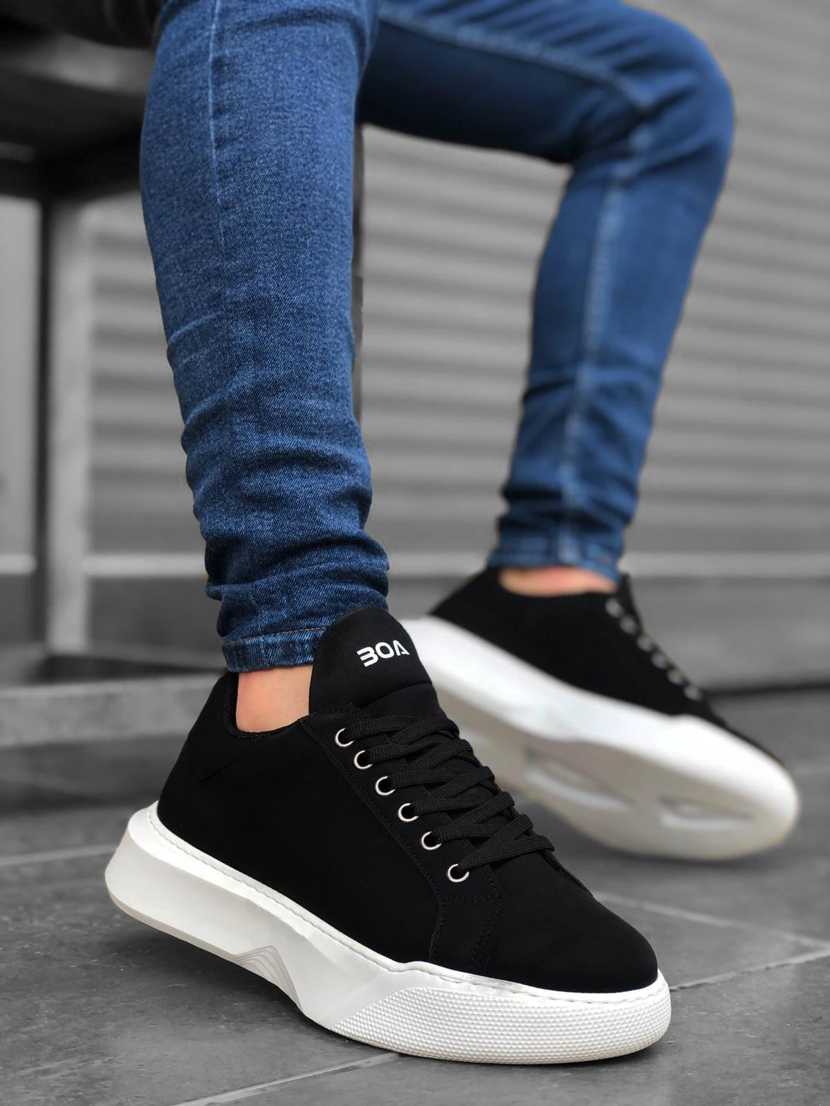 BA0161 Lace-up Men's High Sole Black White Sneakers - STREETMODE ™
