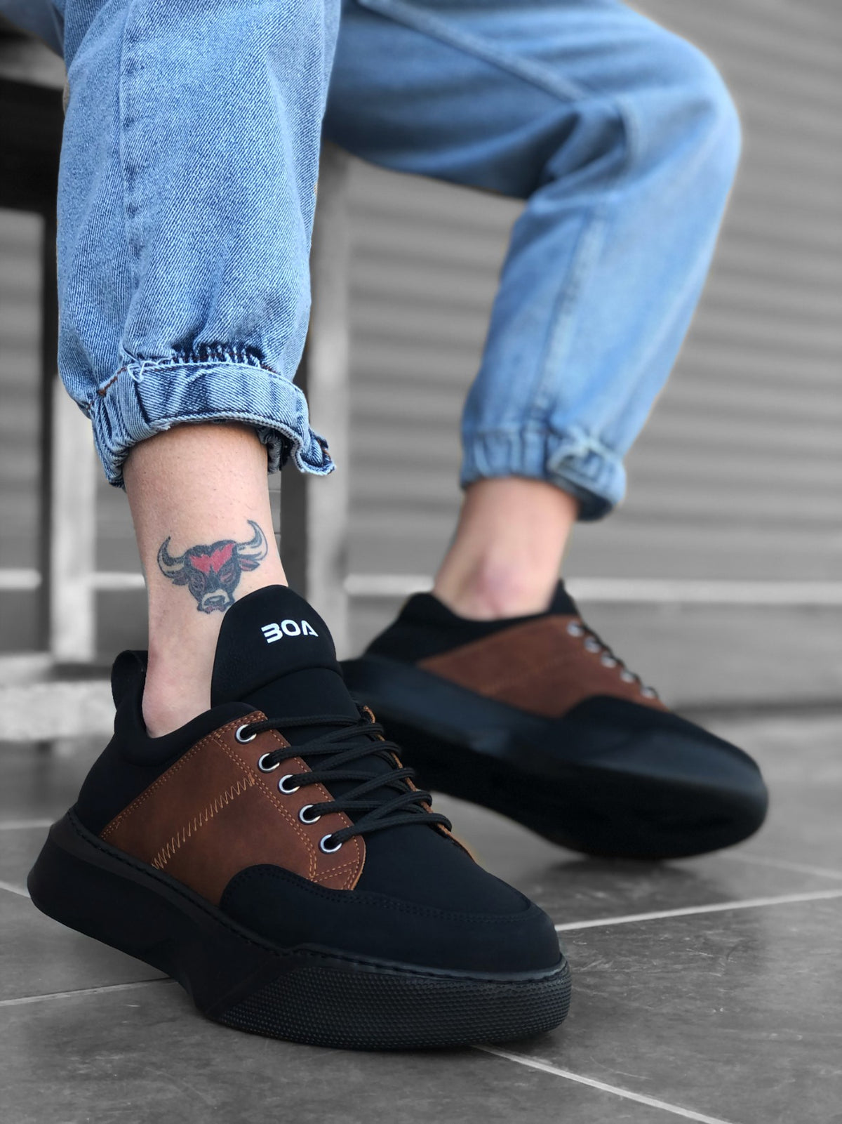 BA0163 Lace-up Men's High-Sole Black Tan Sneakers - STREETMODE ™