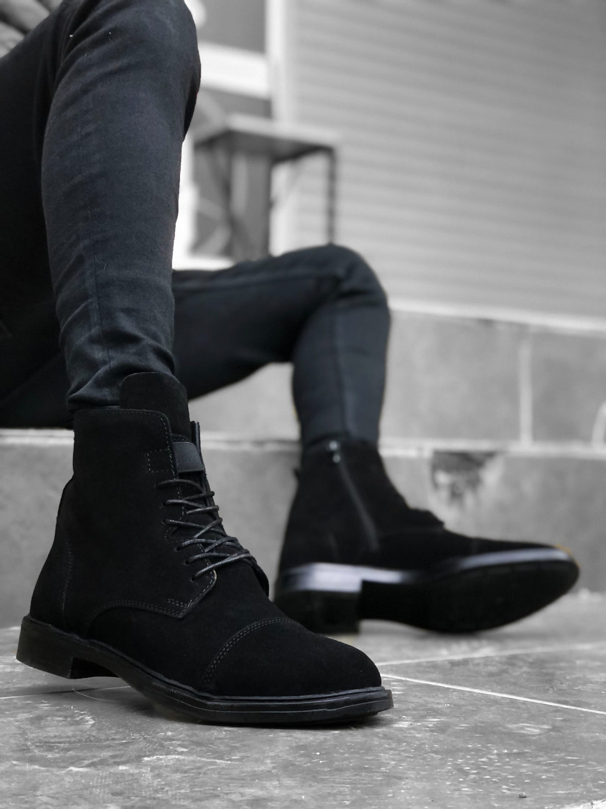 BA0188 Inner Outer Genuine Leather Black Suede Men's Zippered Lace-Up Ankle Boots - STREETMODE ™