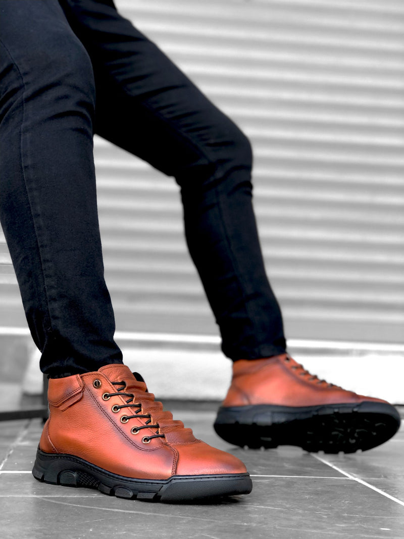 BA0213 Hidden Lace-Up Genuine Leather Tobacco Men's Half Ankle Boots - STREETMODE ™