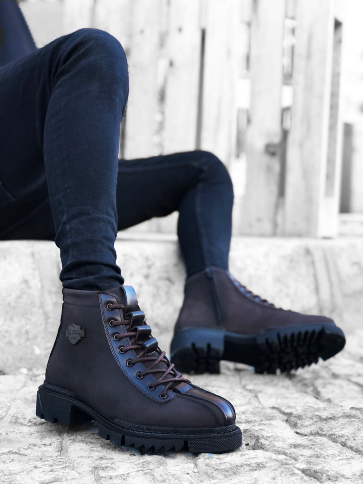 BA0217 Patterned Lace-Up Zippered Buckle Brown Men's Classic Sports Classic Ankle Ankle Boots - STREETMODE ™