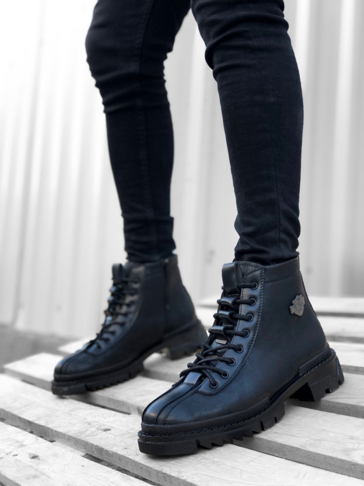 BA0217 Patterned Lace-up Zippered Buckle Black Men's Classic Sports Classic Ankle Ankle Boots - STREETMODE ™