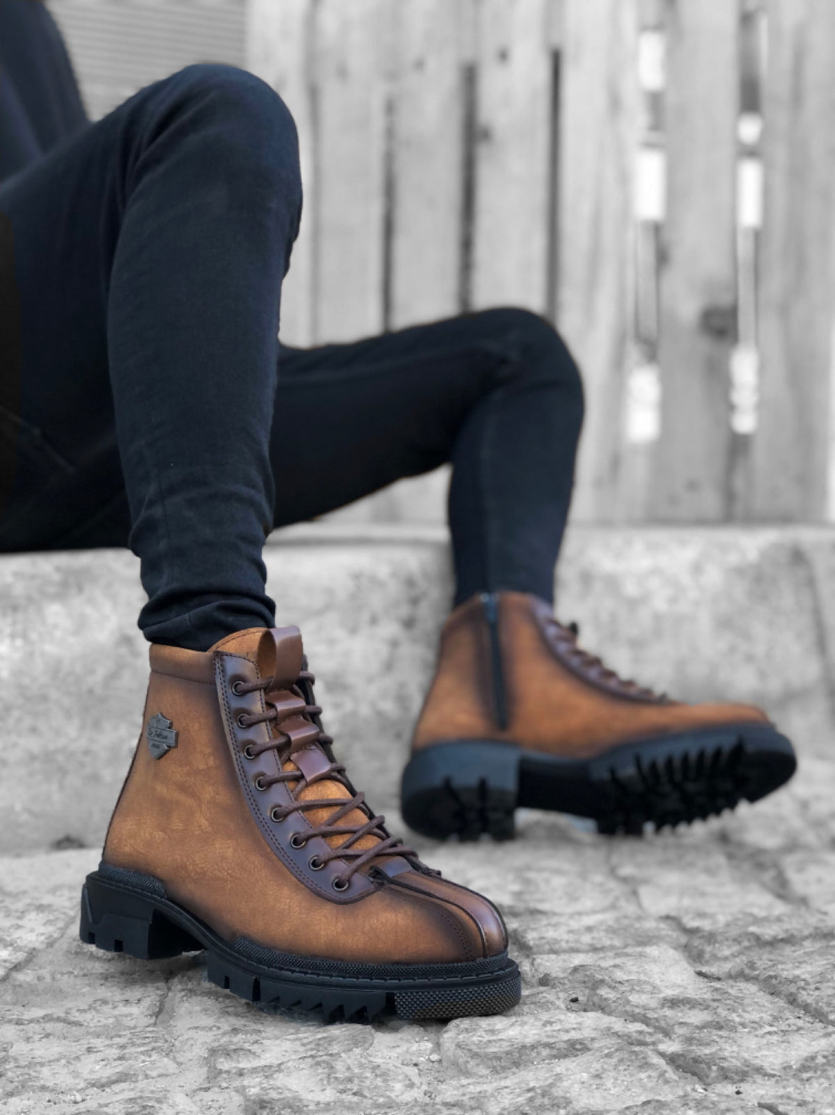 BA0217 Patterned Lace-Up Zippered Buckle Tobacco Men's Classic Sports Classic Ankle Ankle Boots - STREETMODE ™