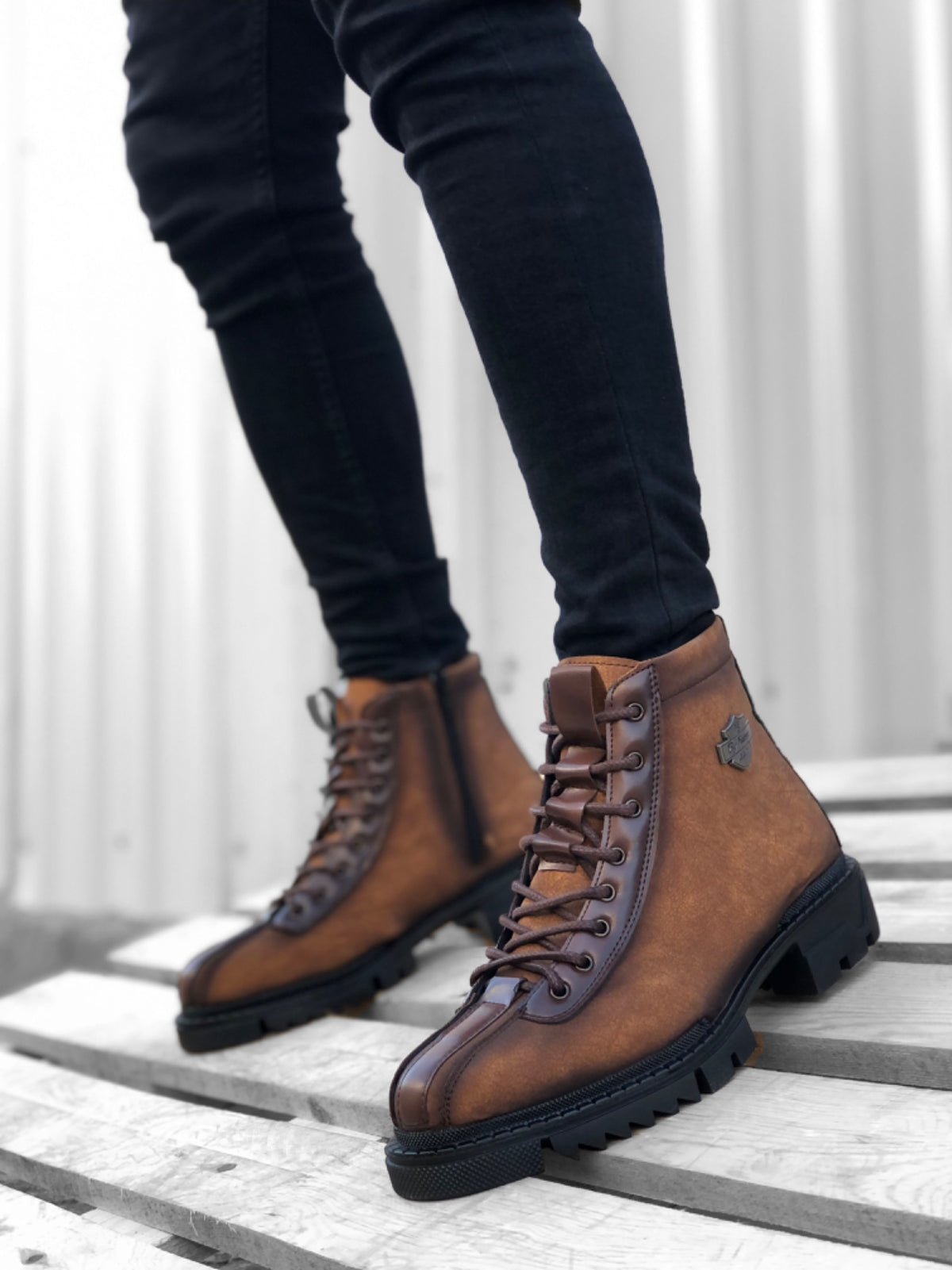 BA0217 Patterned Lace-Up Zippered Buckle Tobacco Men's Classic Sports Classic Ankle Ankle Boots - STREETMODE ™