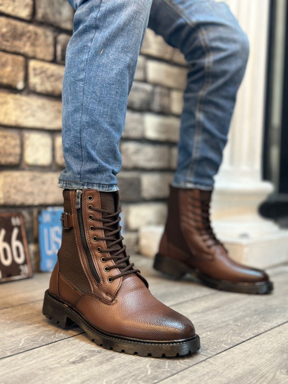 BA0218 Side Buckle Zippered Light Brown Men's Sports Classic Boots - STREETMODE ™