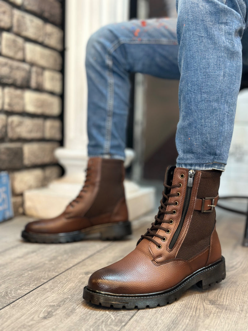 BA0218 Side Buckle Zippered Light Brown Men's Sports Classic Boots - STREETMODE ™