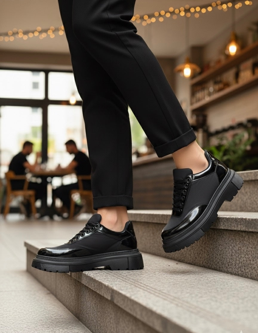 BA0243 Lace-Up Patent Leather Parachute Detailed High Black Sole Men's Shoes