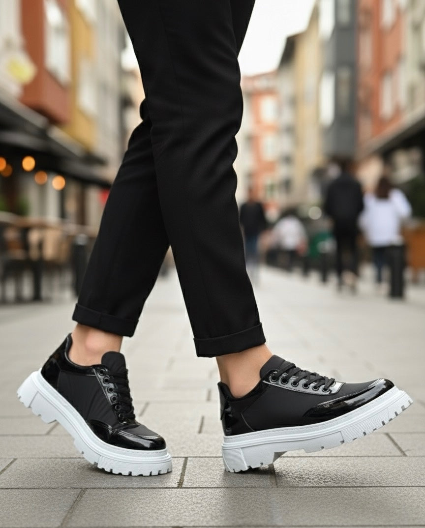 BA0243 Lace-Up Patent Leather Parachute Detailed High Sole Black Men's Shoes