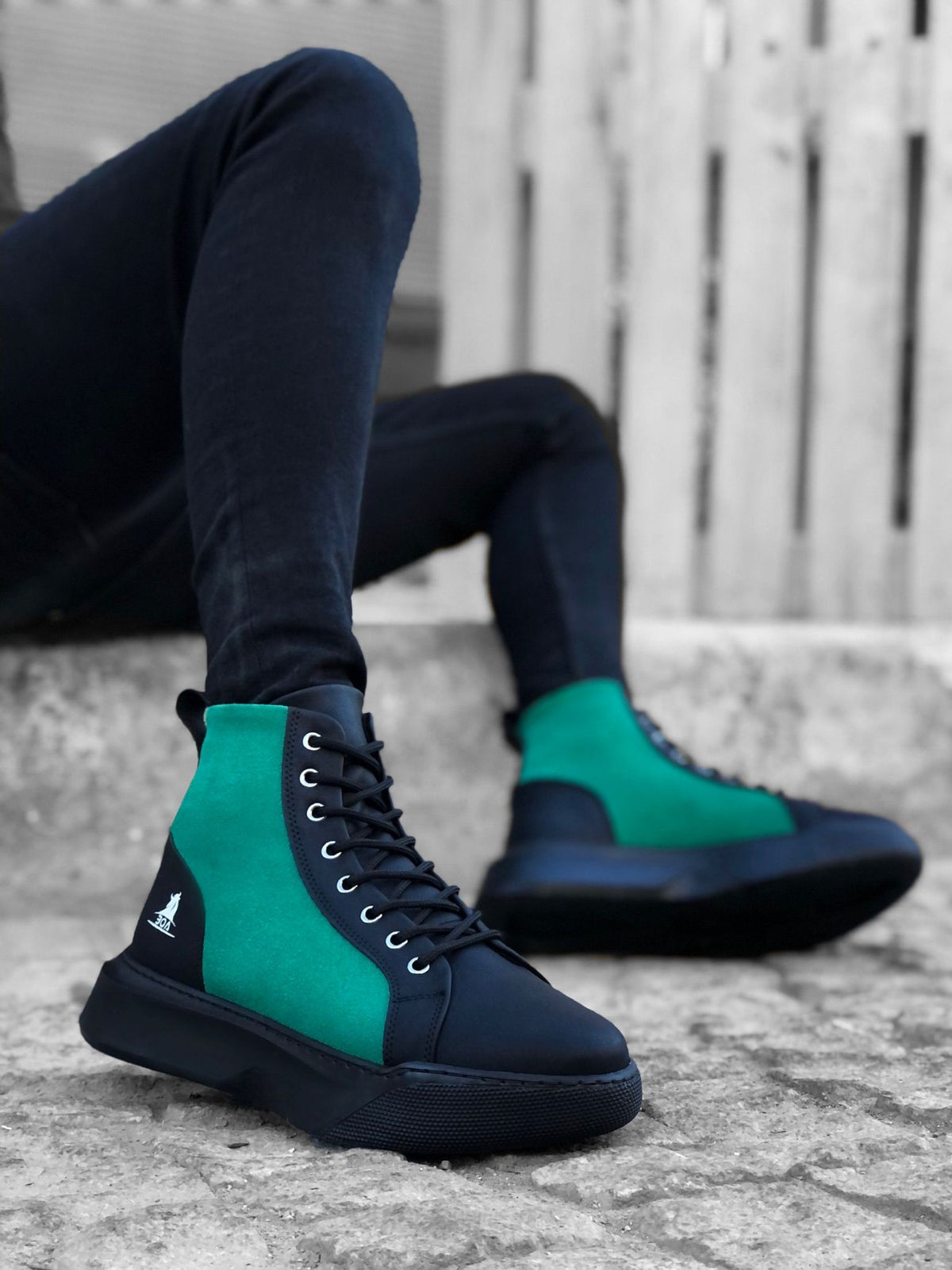 BA0256 Lace-up Men's High Sole Black Green Sole Sports Boots - STREETMODE ™