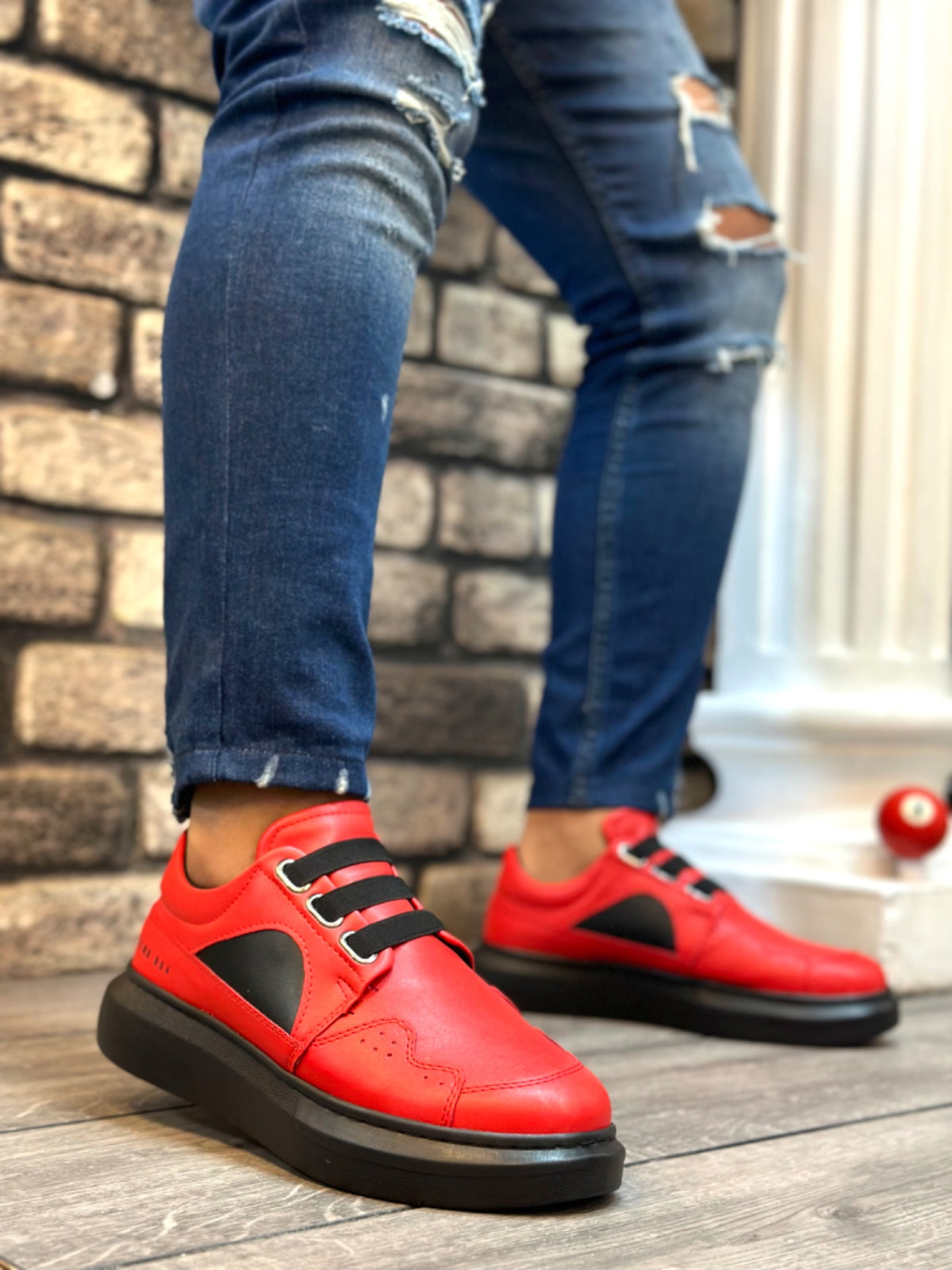 BA0302 Thick Sole Lace-Up Style Casual Red Black Men's Sneakers Shoes - STREET MODE ™