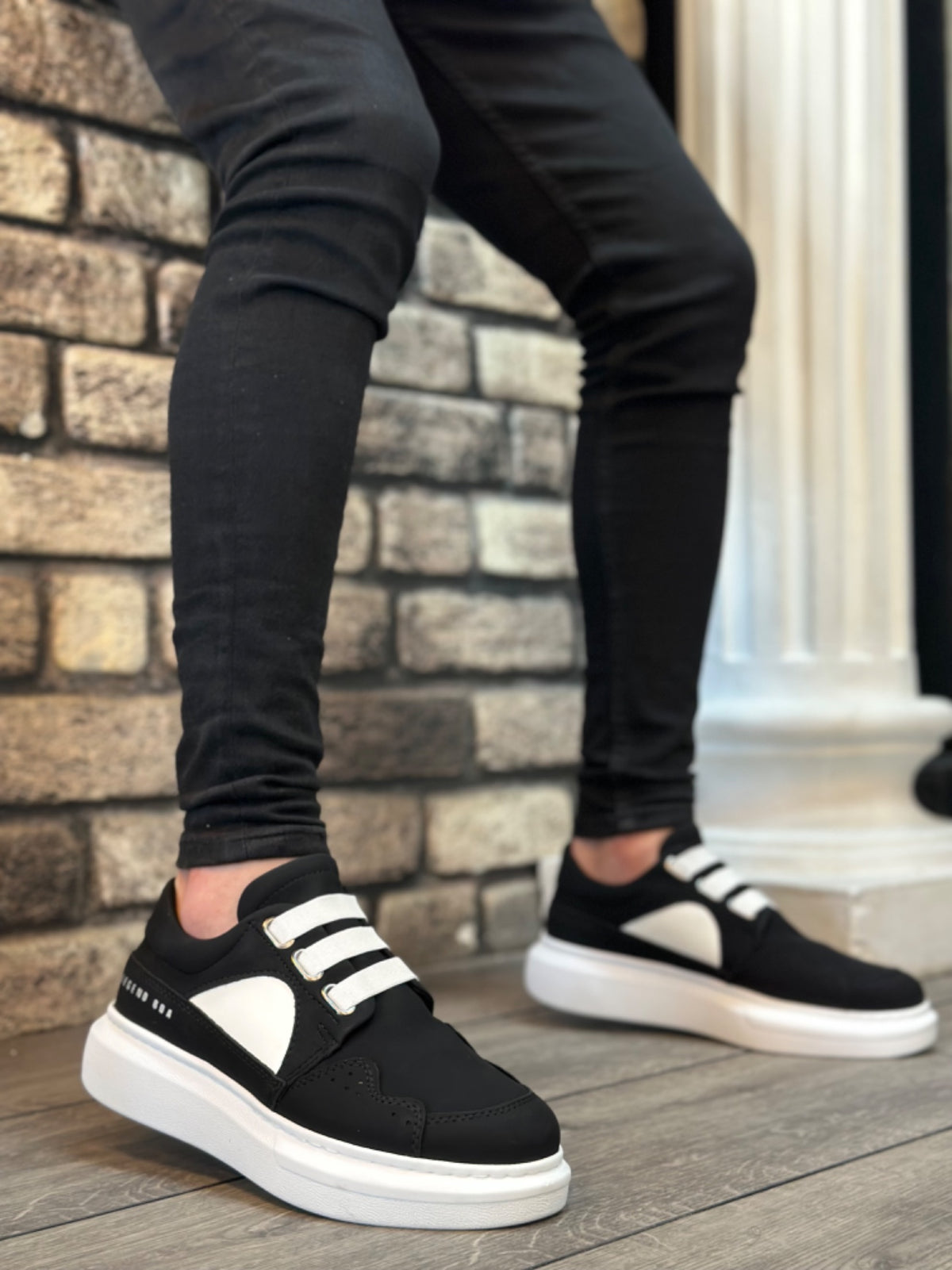 BA0302 Thick Sole Lace-Up Style Casual Black White Men's Sneakers Shoes - STREET MODE ™