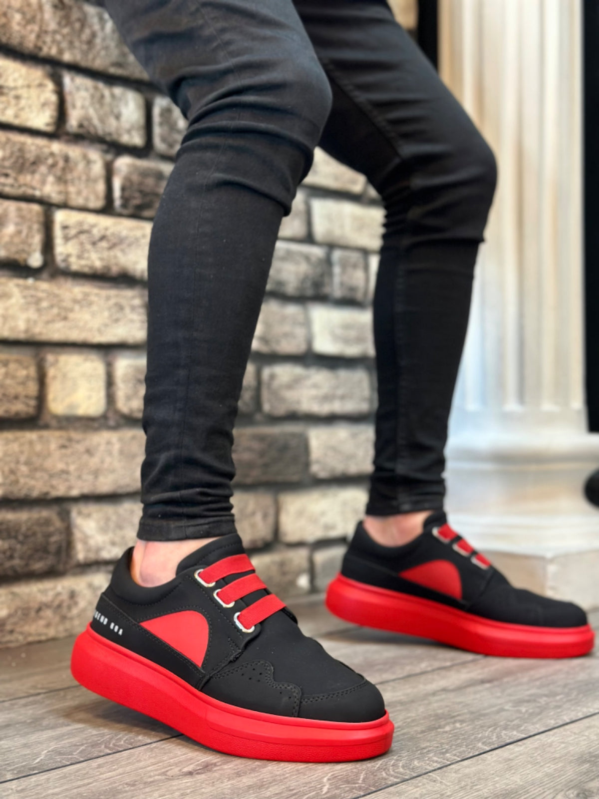 BA0302 Thick Sole Lace-Up Style Casual Black Red Men's Shoes - STREETMODE ™