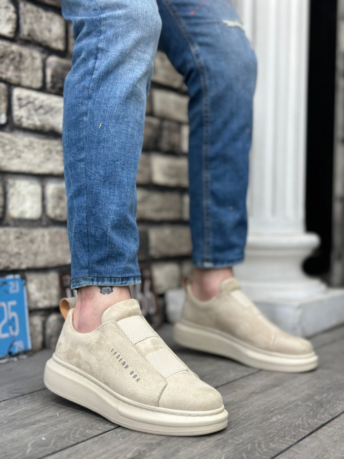 BA0307 Thick Suede High Sole Double Tape Beige Men's Shoes - STREETMODE ™