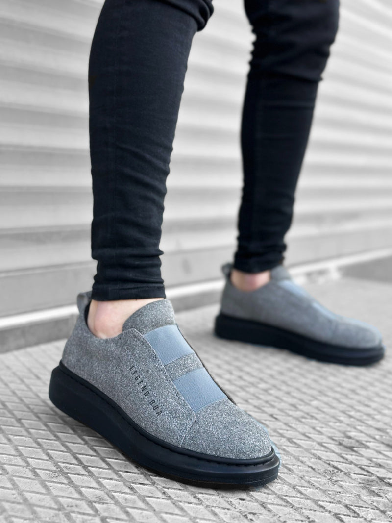 BA0307 Thick Suede High Sole Double Band Gray Black Men's Sneakers Shoes - STREETMODE ™