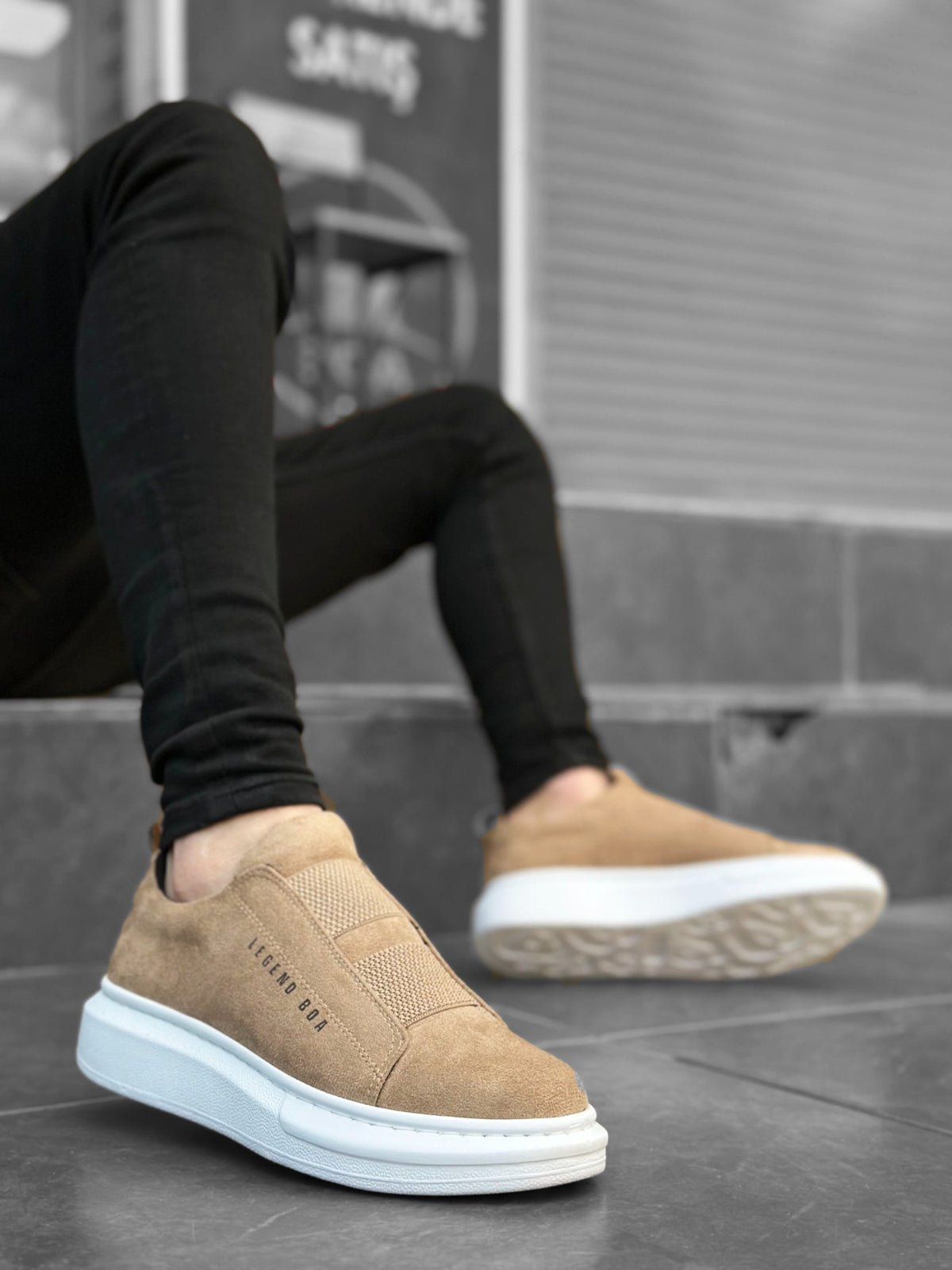 BA0307 Thick Suede High Sole Double Band Cream Men's Sneakers Shoes - STREETMODE ™