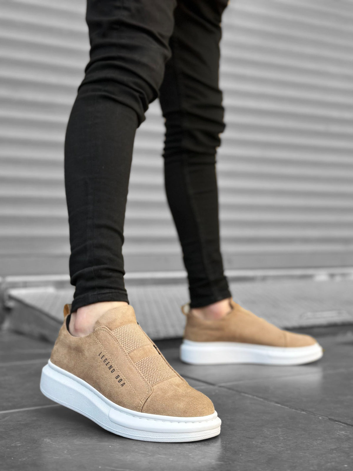 BA0307 Thick Suede High Sole Double Band Cream Men's Sneakers Shoes - STREETMODE ™