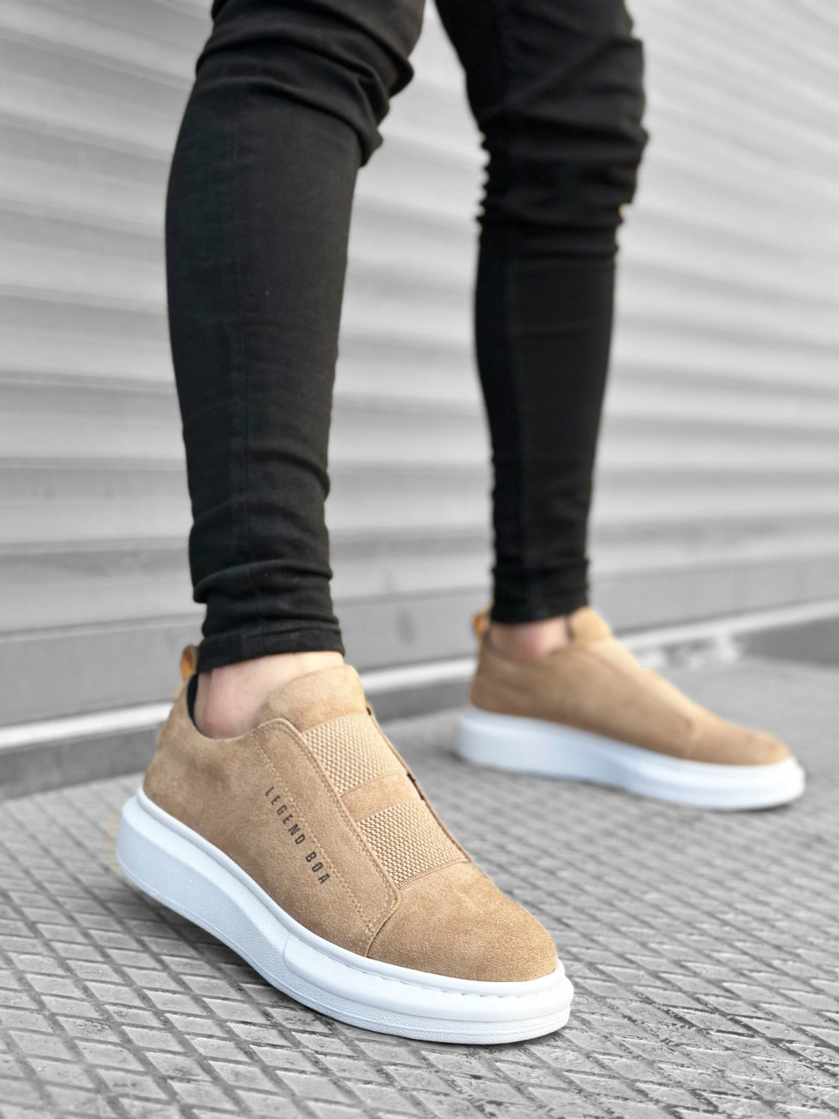 BA0307 Thick Suede High Sole Double Band Cream Men's Sneakers Shoes - STREETMODE ™