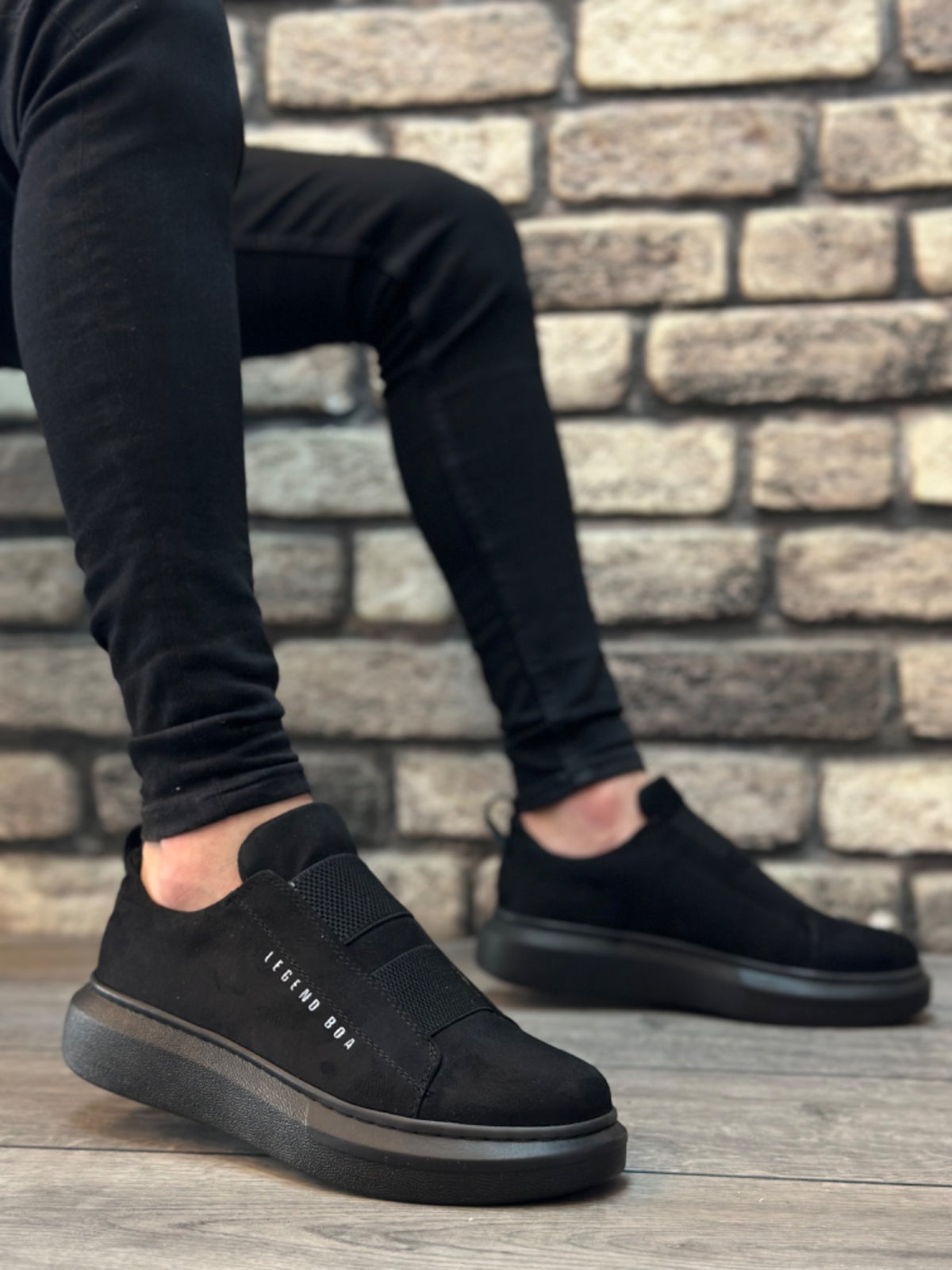 BA0307 Thick Suede High Sole Double Band Black Men's Shoes Sneakers - STREET MODE ™